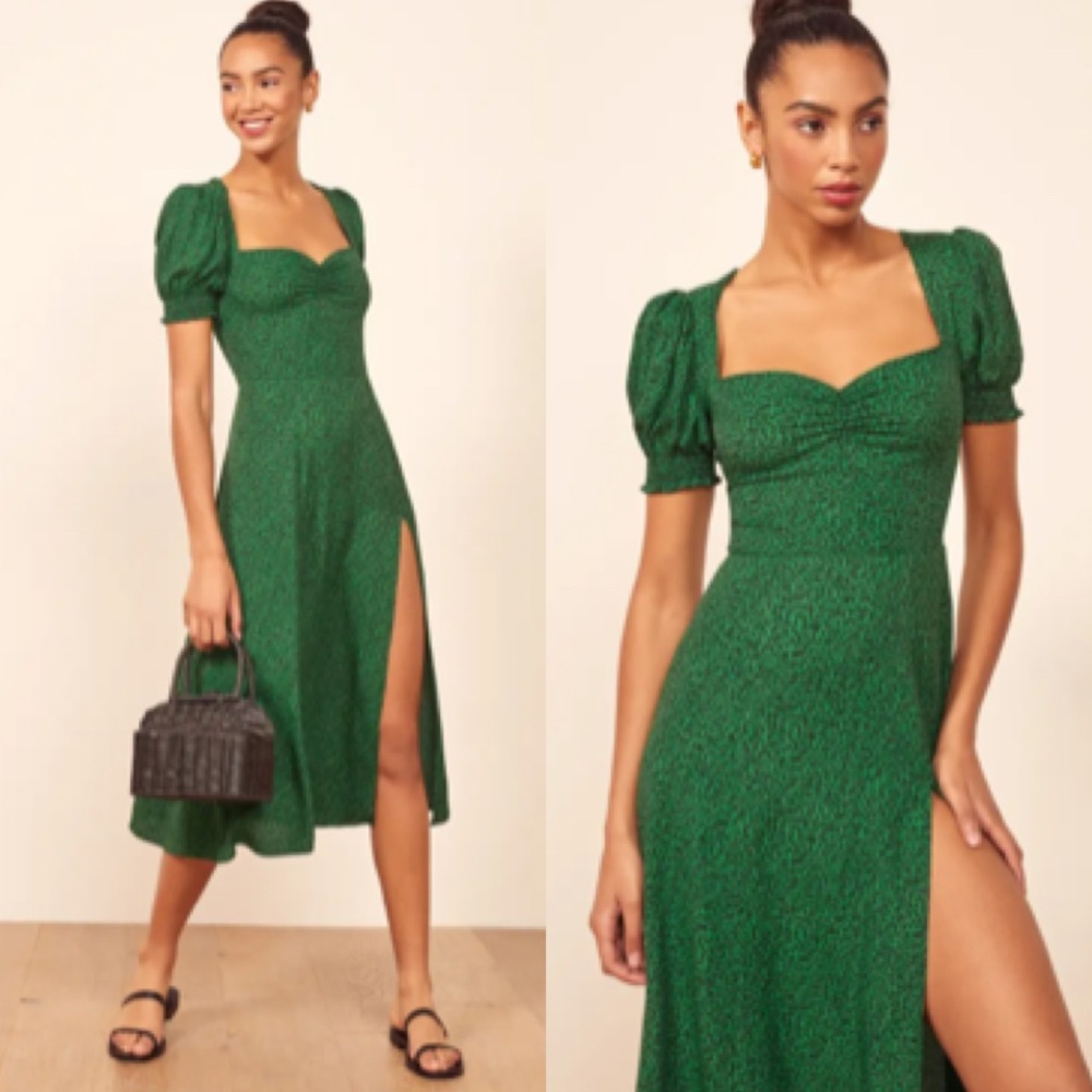 Reformation Green Lacey Smocked Sleeve Dress